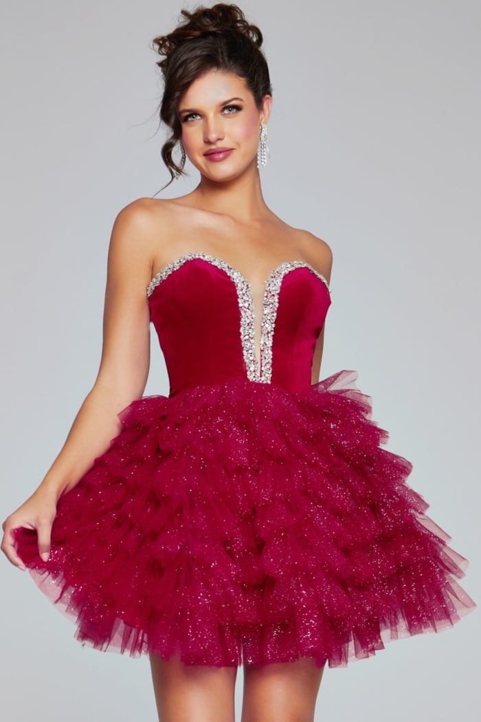 model wearing Jovani 40352 royal mini cocktail dress, front view with detailed skirt