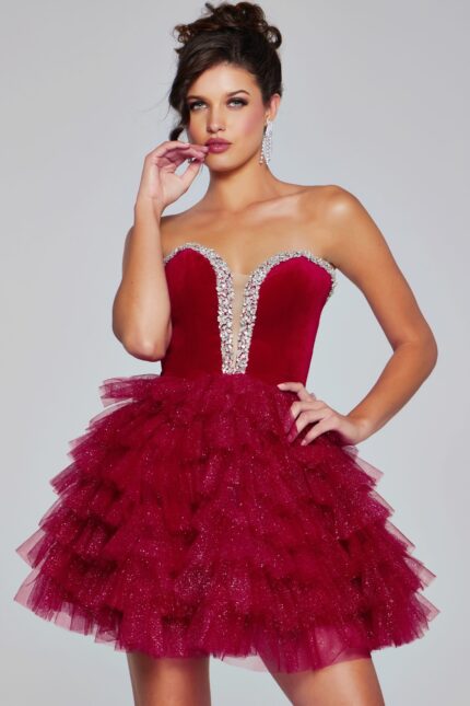 model wearing Jovani 40352 black mini cocktail dress, front view