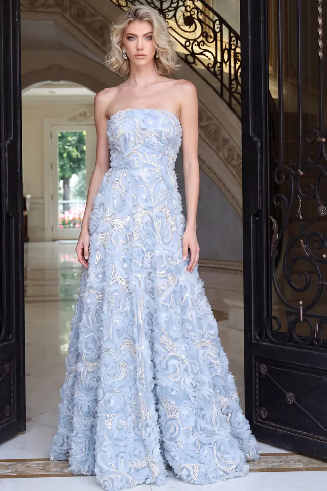 light blue ball gown covered in three dimensional rosettes and silver embroidery 40356