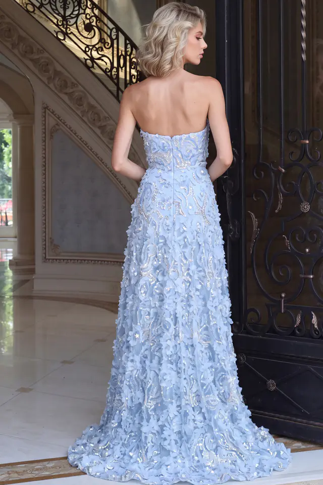 back view of light blue rosette applique ball gown with covered strapless back and sweep train 40356