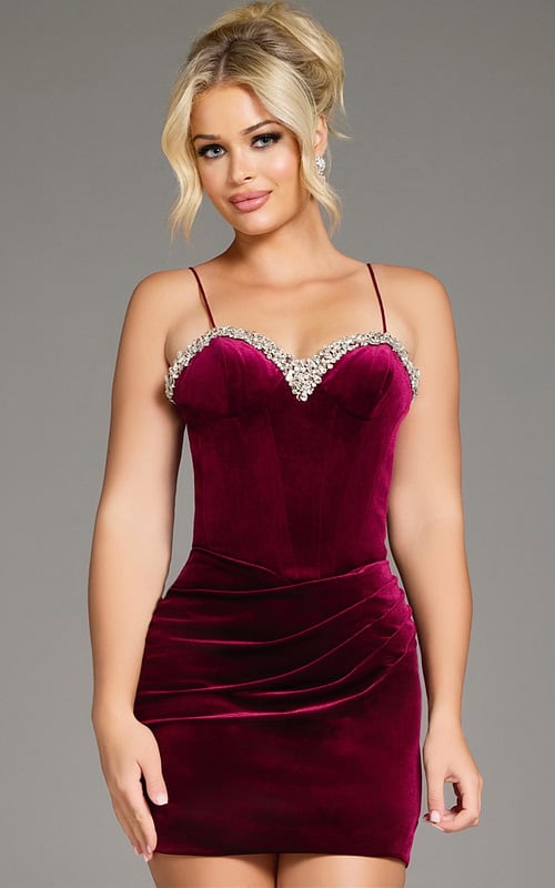 Model wearing Jovani 40360 short burgundy dress with sweetheart neckline front view.