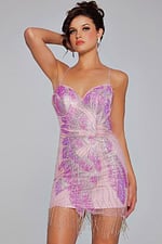 Model wearing Jovani 40377 pink dress with sequin details, front view