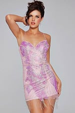 Model wearing Jovani 40377 pink dress with sequin details and fringe, front view