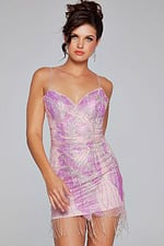 Model wearing Jovani 40377 pink dress with sequin details and fringe, front view