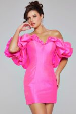 model wearing Jovani 40378 pink dress with off-the-shoulder ruffled sleeves, full length front view