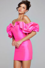 model wearing Jovani 40378 pink dress with off-the-shoulder ruffled sleeves, side front view