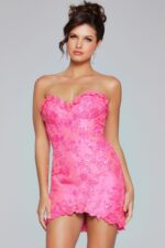 Model showcasing Jovani 40380 pink mini dress, front view.