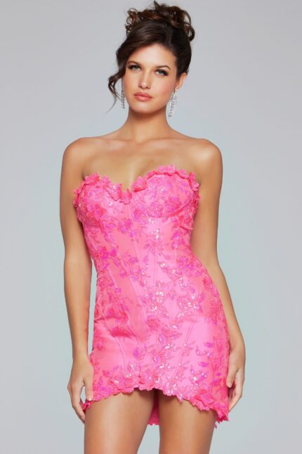 Model showcasing Jovani 40380 pink mini dress, front view.