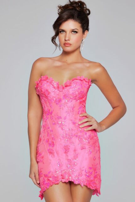 Model wearing Jovani 40380 pink mini dress with floral embroidery, front view.