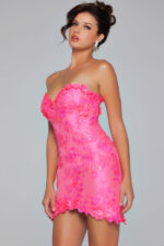 Model in Jovani 40380 pink mini dress, front view.