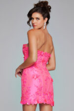 Back view of model wearing Jovani 40380 pink mini dress.
