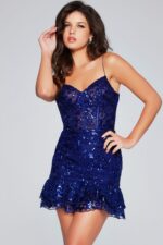 Front view of model wearing Jovani 40383 navy dress with sequin detailing
