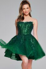 Model in Jovani 40385 green dress showcasing strapless design and sequinned details