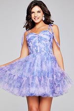 Model wearing Jovani 40431 lilac dress with sweetheart neckline and floral pattern, front view.