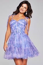 Model wearing Jovani 40431 lilac dress, front view showing details of the floral pattern and fit.