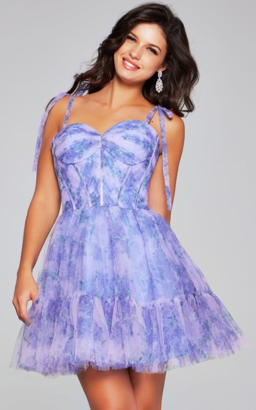 Model wearing Jovani 40431 lilac dress, front view showing details of the floral pattern and fit.