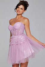 Model wearing Jovani 40467 lilac dress with layered skirt and sweetheart neckline, front view