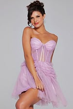 Model wearing Jovani 40467 lilac mini dress with sweetheart neckline, front view
