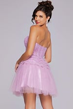 Model wearing Jovani 40467 lilac dress with sweetheart neckline displaying the back