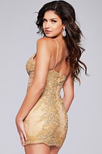 Model wearing Jovani 40468 gold mini dress from back angle