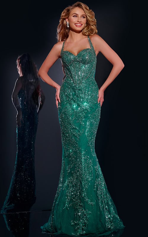 Model wearing Jovani 40470 green mermaid gown with sweetheart neckline and embellishments, front view.