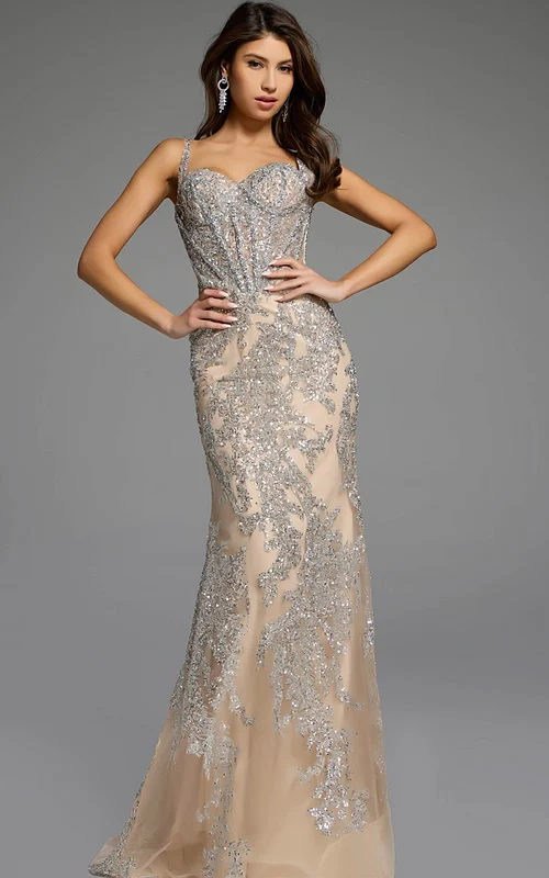 Elegant gown featuring intricate sequin detailing and corset bodice