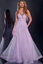 Model wearing Jovani 40472 lilac gown with floral appliques and V-neckline, front view.