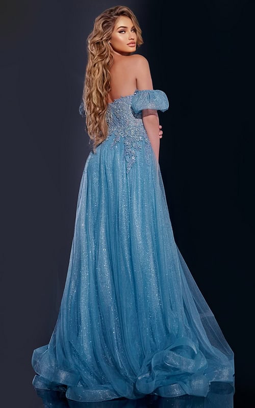 Back view of Jovani 40474 blue gown with elegant draping and puff sleeves.