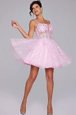 Model wearing Jovani 40501 pink A-line dress with floral details and tulle skirt, front view.