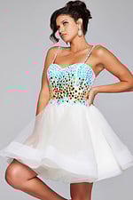 Front view of model wearing Jovani 40516 ivory dress, highlighting the colorful embellishments and knee-length skirt.