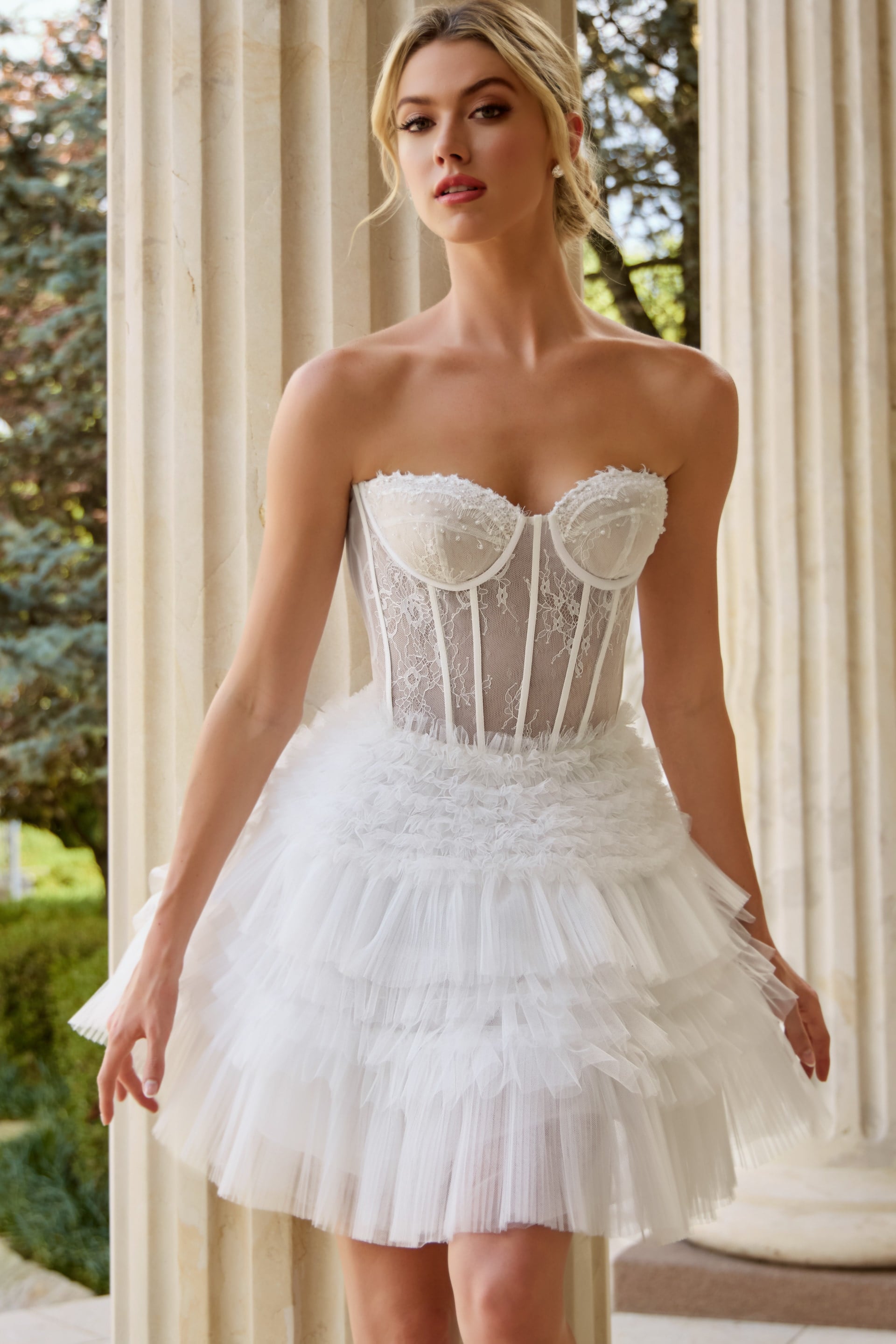40580_OFFWHITE_6 Strapless Corset Lace Dress with Tiered Skirt 40580 - Image 1