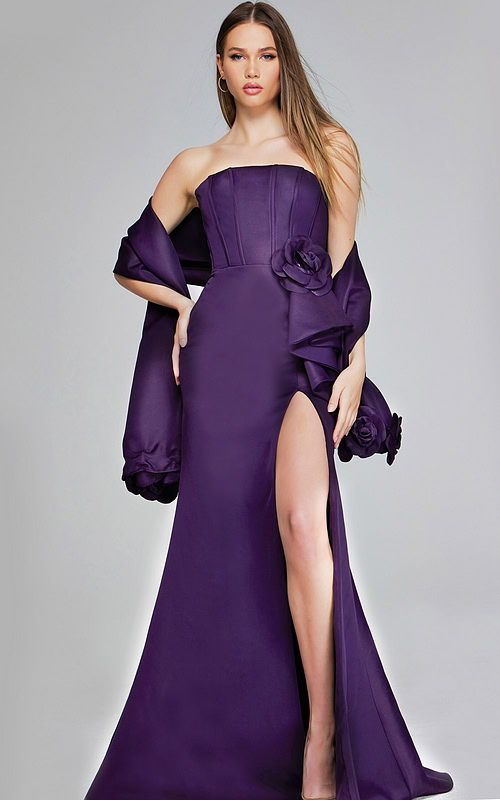 Model wearing Jovani 40592 purple gown with floral accent and high slit, front view