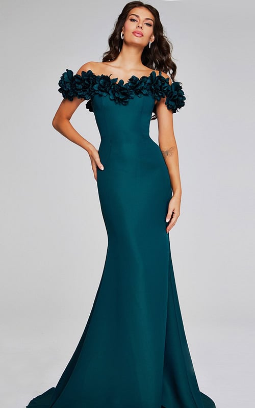 model wearing Jovani 40595 elegant emerald gown with off-the-shoulder floral details