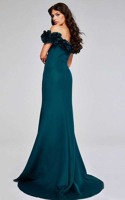model displaying the back of Jovani 40595 emerald gown with elegant floral details