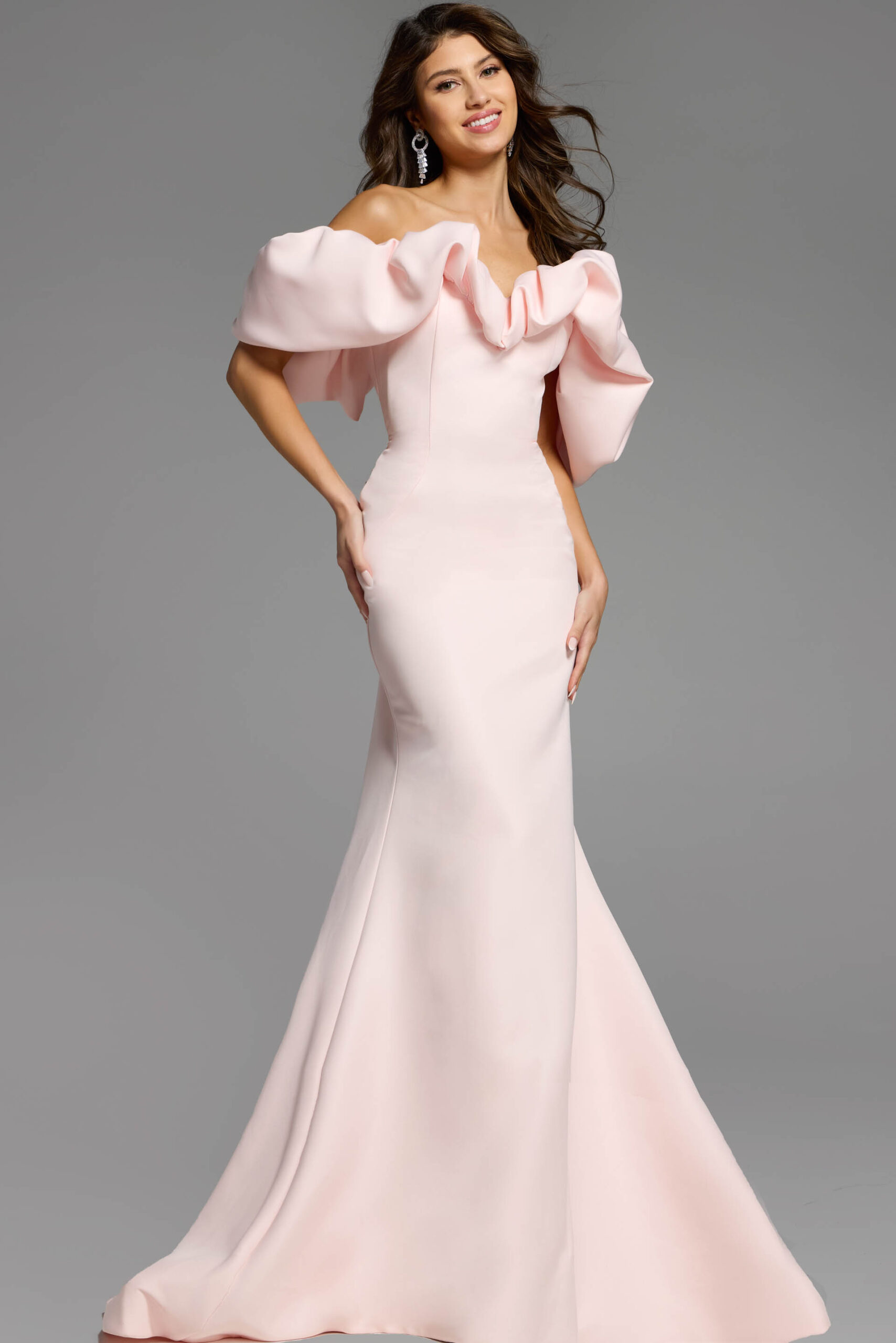Wine Off-Shoulder Gown with Dramatic Ruffled Sleeves 40596