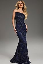 Model wearing navy evening gown with item number 40608, front view highlighting the strapless design and beadwork.