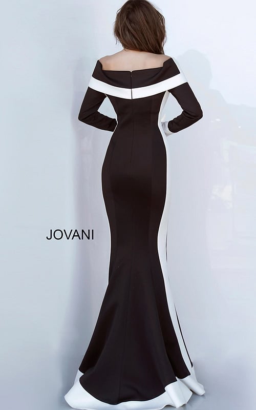 Model wearing Jovani 4062 black dress from the back view, showcasing the elegant silhouette.