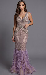 Beaded Gown With Deep V Back And Feather Trim