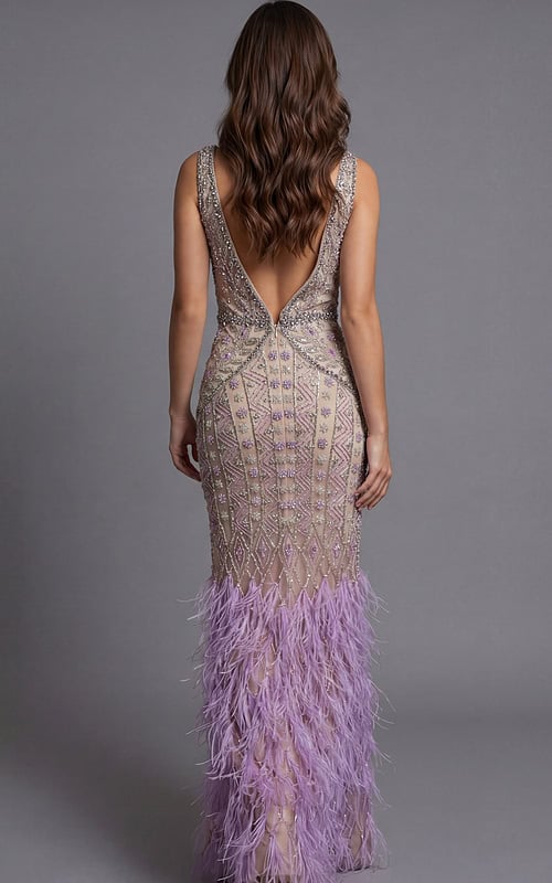 Beaded V Neck Gown With Feather Hem Detail