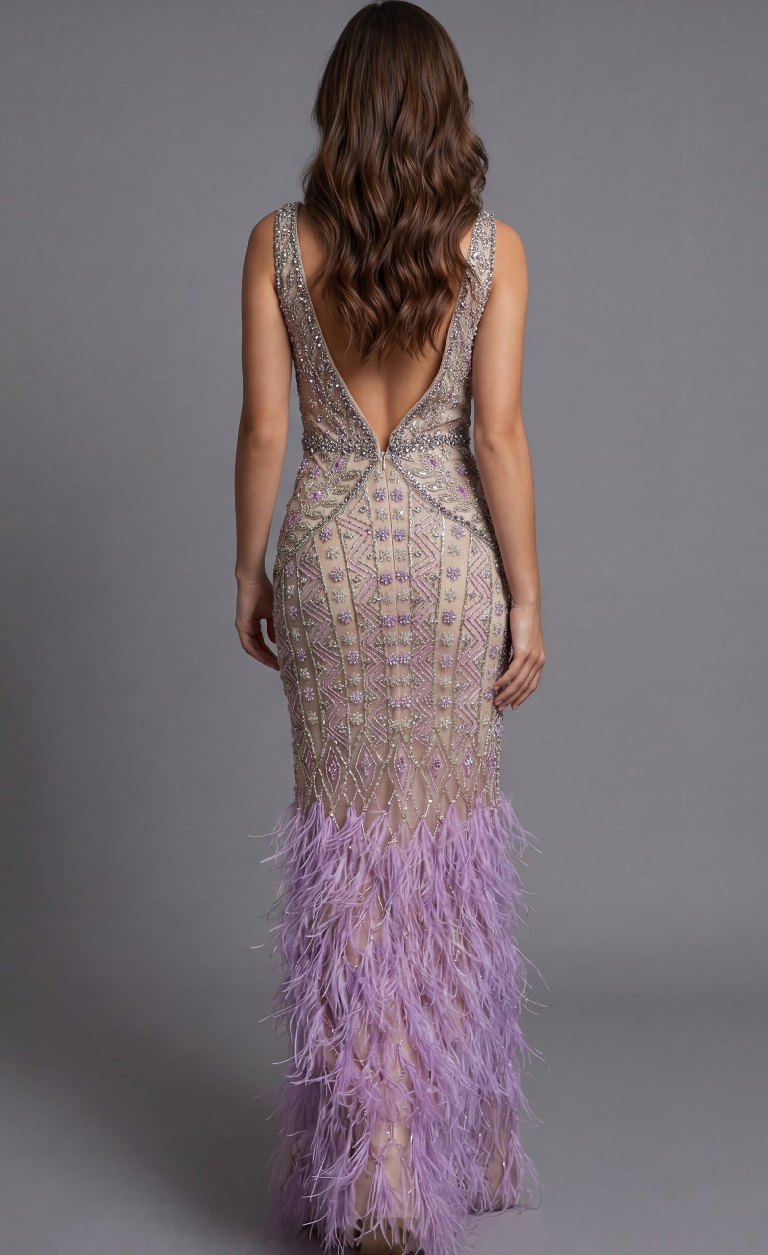 Beaded V Neck Gown With Feather Hem Detail