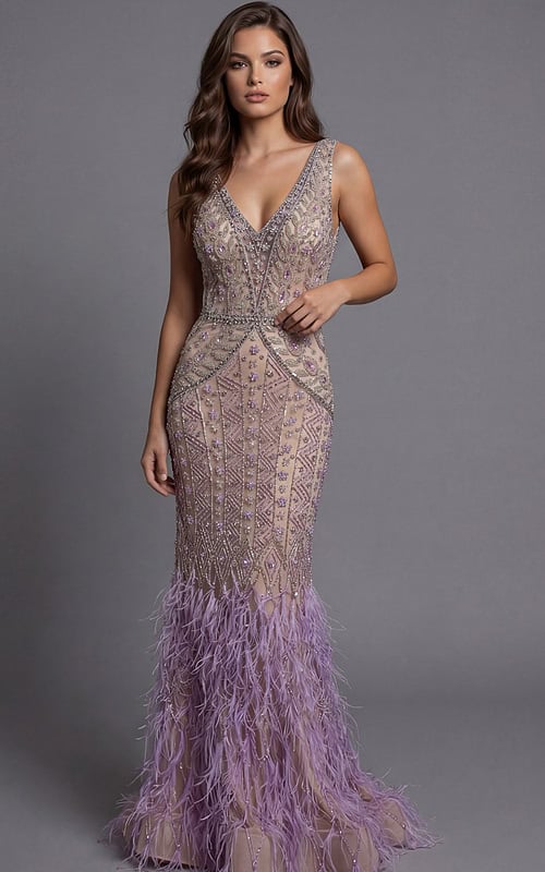 Beaded Gown With Deep V Back And Feather Trim