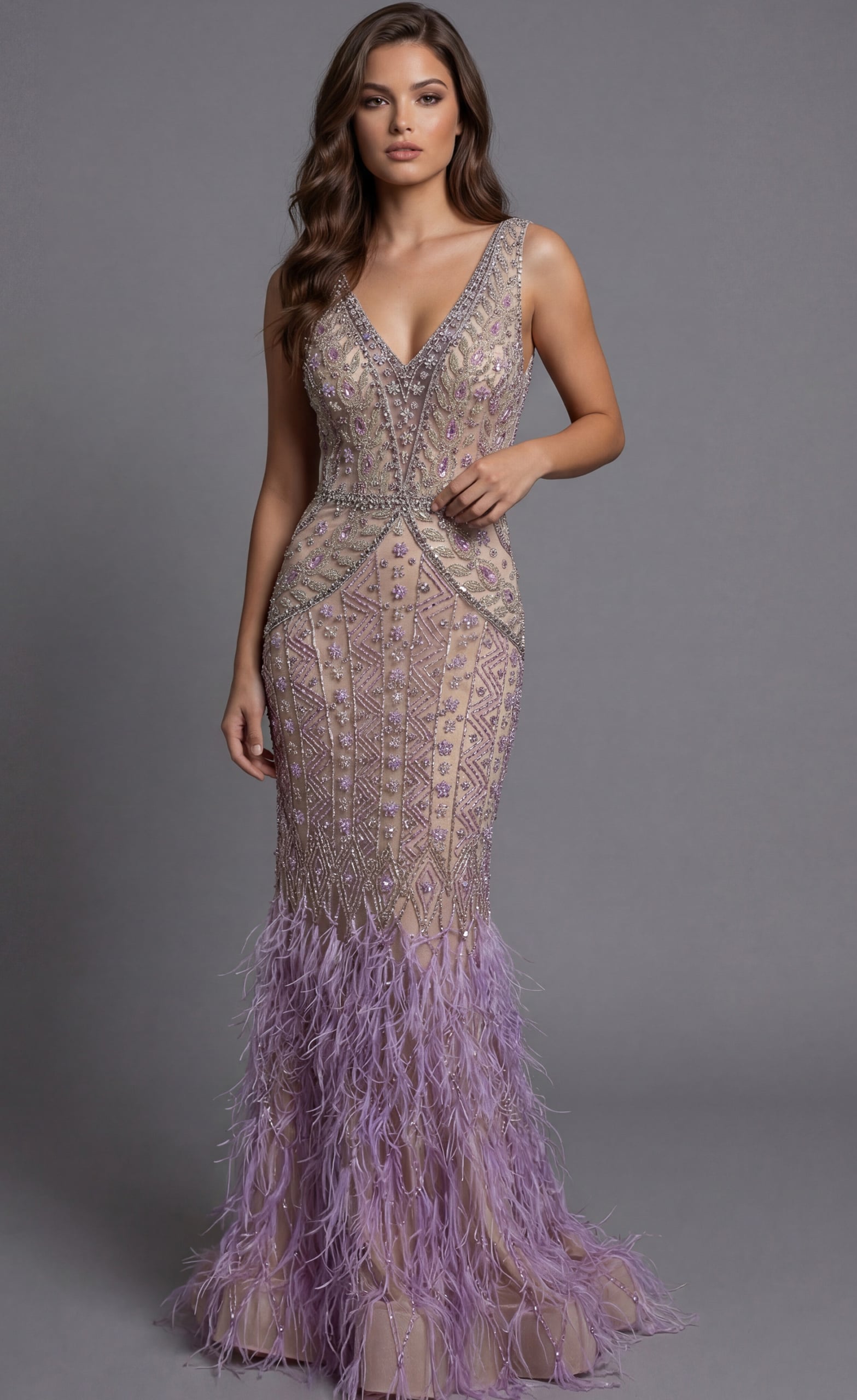 Beaded Gown With Deep V Back And Feather Trim