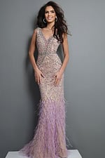 beaded v neck evening gown with feather hem