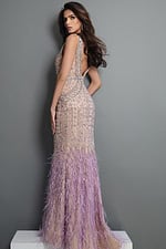 beaded v neck evening gown with feather hem