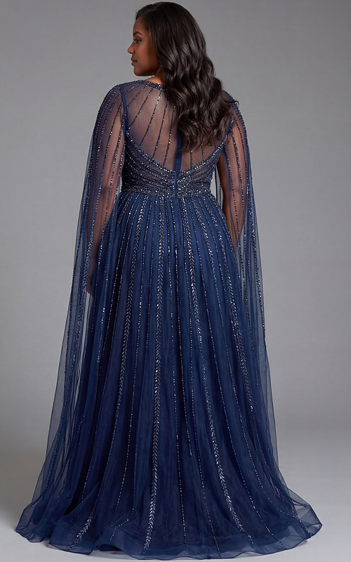 back of beaded navy plus size dress 40629