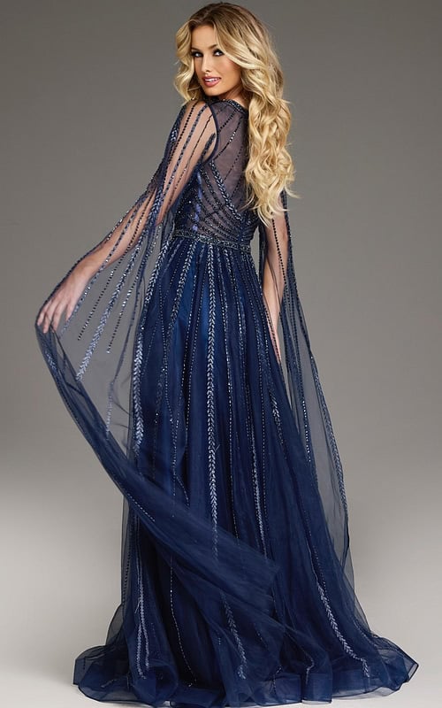 Back view of Jovani 40629 navy gown with long sheer embellished sleeves.