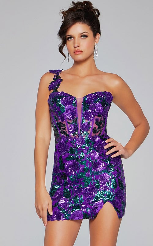 Model wearing Jovani 40647 purple dress with asymmetrical neckline and sequin embellishments, front view.