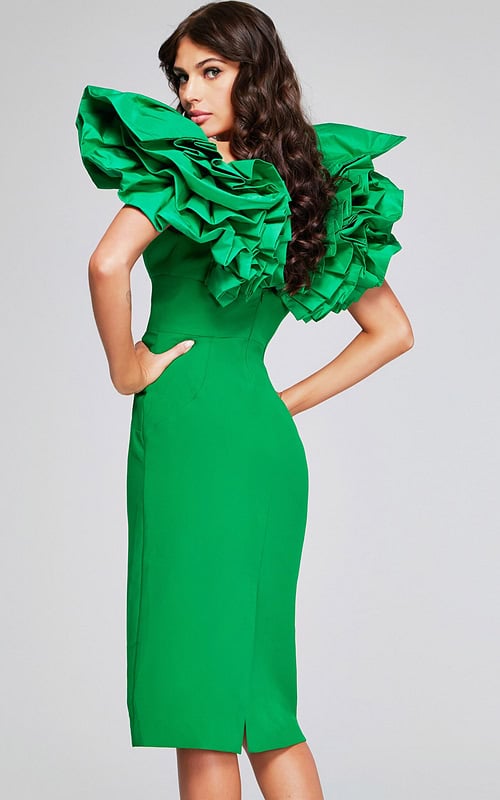 Model wearing Jovani 40662 emerald dress with dramatic ruffled sleeves, back view