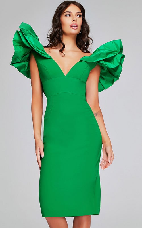 Model wearing Jovani 40662 emerald dress with deep V-neckline and ruffled sleeves, front view