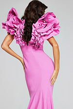 Model wearing Jovani 40663 pink dress back view, highlighting ruffled sleeves
